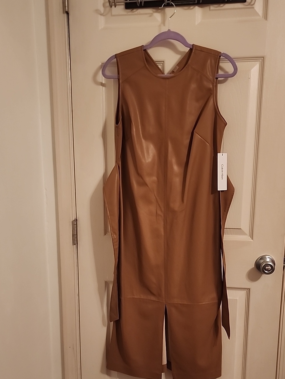 Calvin Klein Camel Faux Leather Sleeveless Midi Dress
